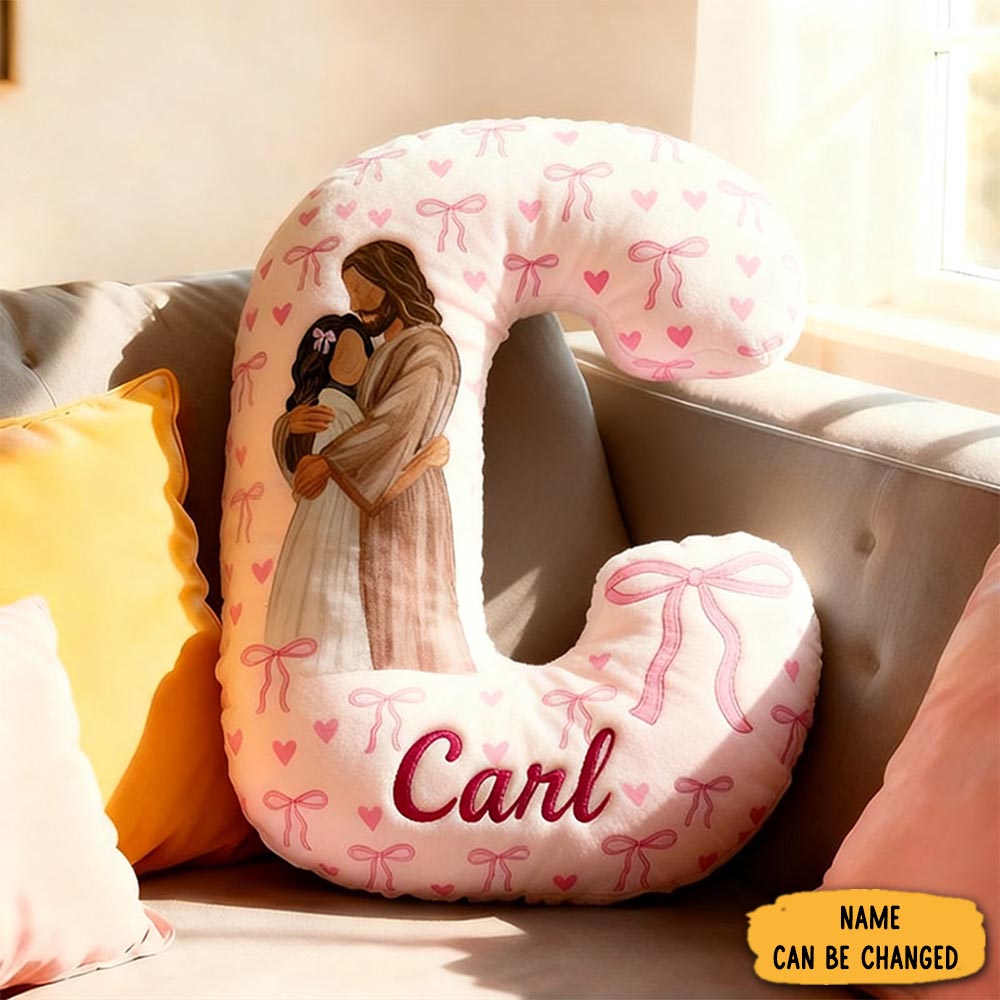 Personalized God Is My Savior Jesus Holding Letter Pillow With Custom Name Kid Room Decor Pink Bows Heart Christian Pillow Religious Gift For Her