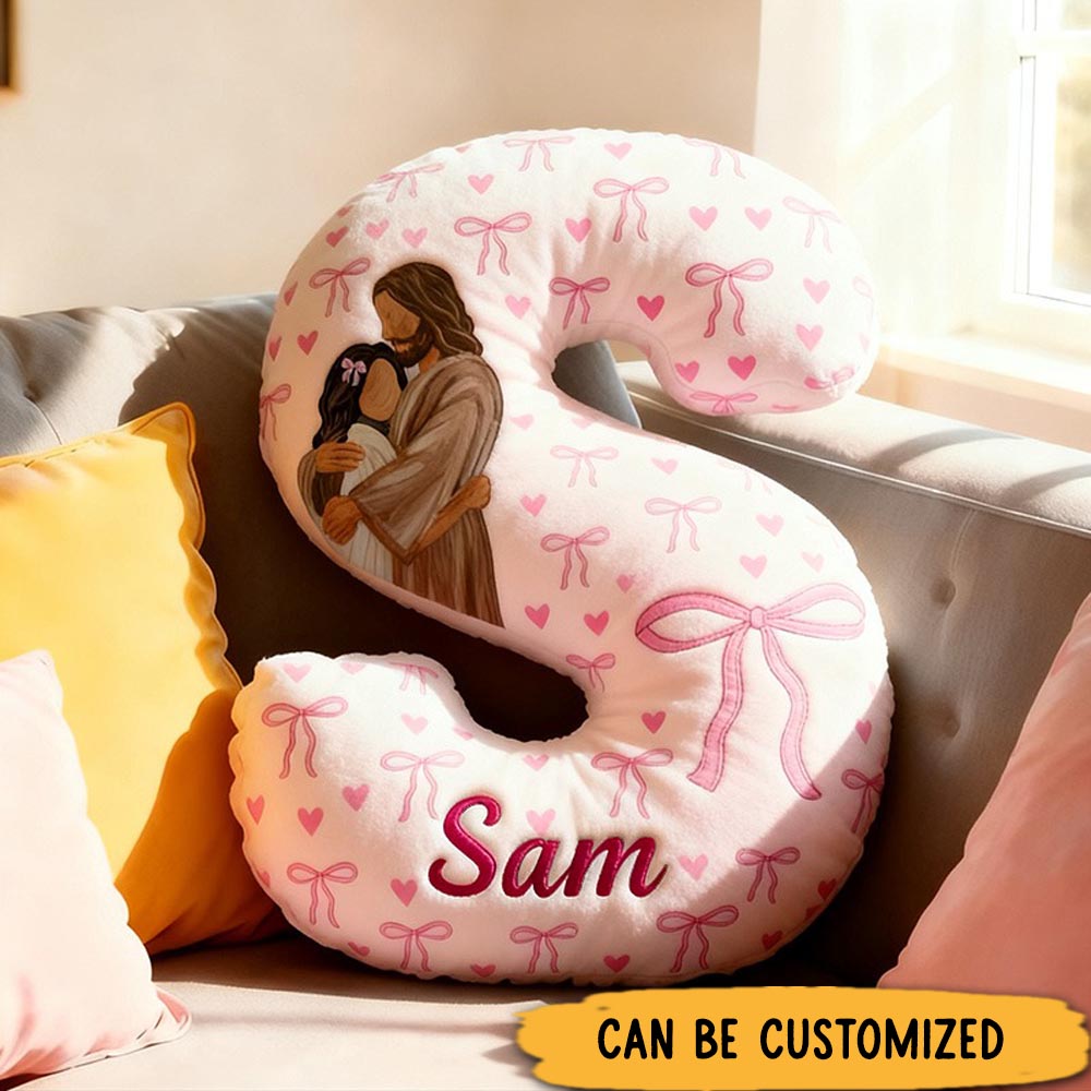 Personalized God is My Savior Jesus Holding Letter Pillow with Custom Name Kid Room Decor Pink Bows Heart Christian Pillow Religious Gift for Her