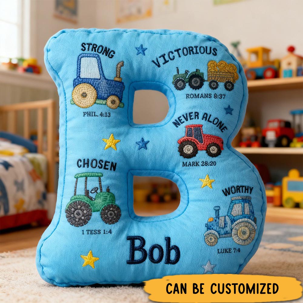 Personalized God Says I am Bible Verse Tractors Letter Pillow with Custom Name Kids Room Decor Religious Gift for Boys Scripture Baptism Gift 3D Print