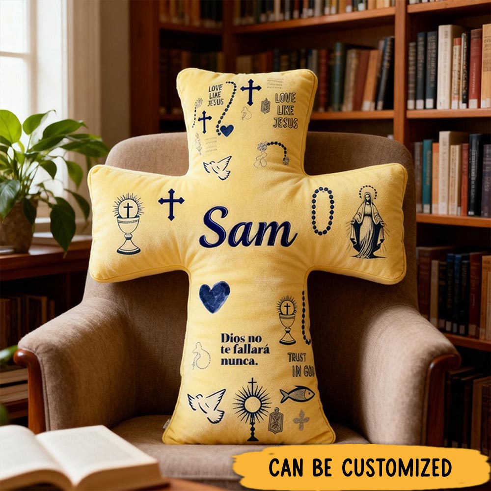 Personalized God will Never Fail You Cross Pillow with Custom Name Home Decor Virgin Mary Cross Chalic Dove and Fish Pillow Religious Gift for Her
