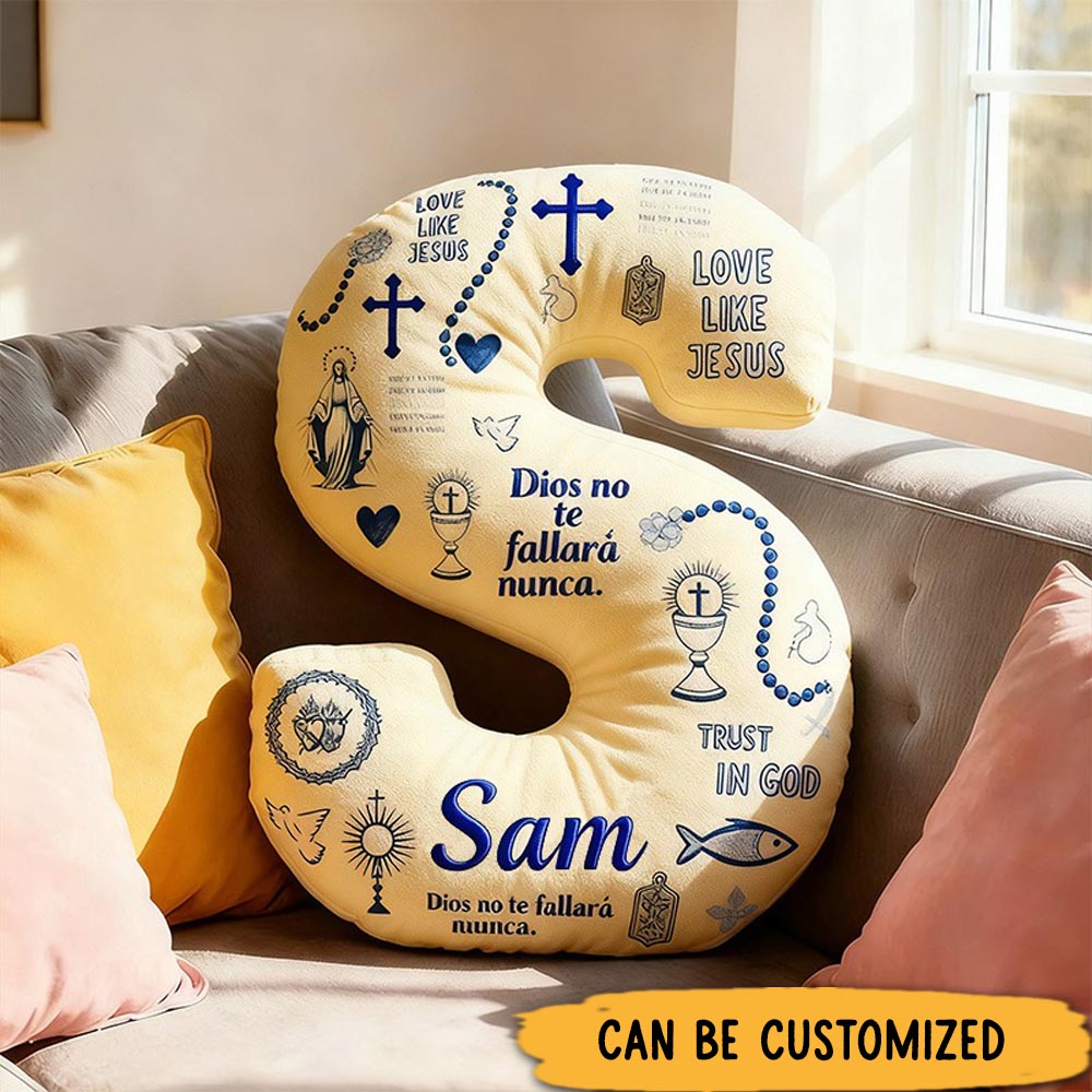 Personalized God will Never Fail You Letter Pillow with Custom Name Home Decor Virgin Mary Cross Chalic Dove and Fish Pillow Religious Gift for Her