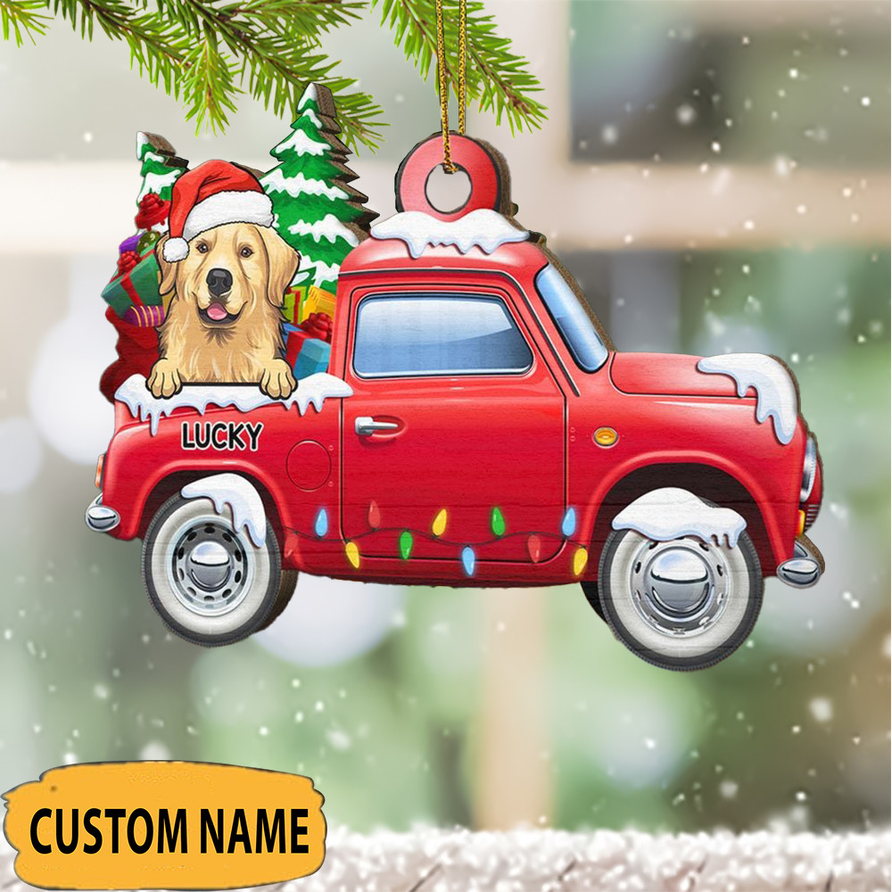 Personalized Golden Retriever And Red Truck Ornament Shape Dog Lovers Christmas Ornament