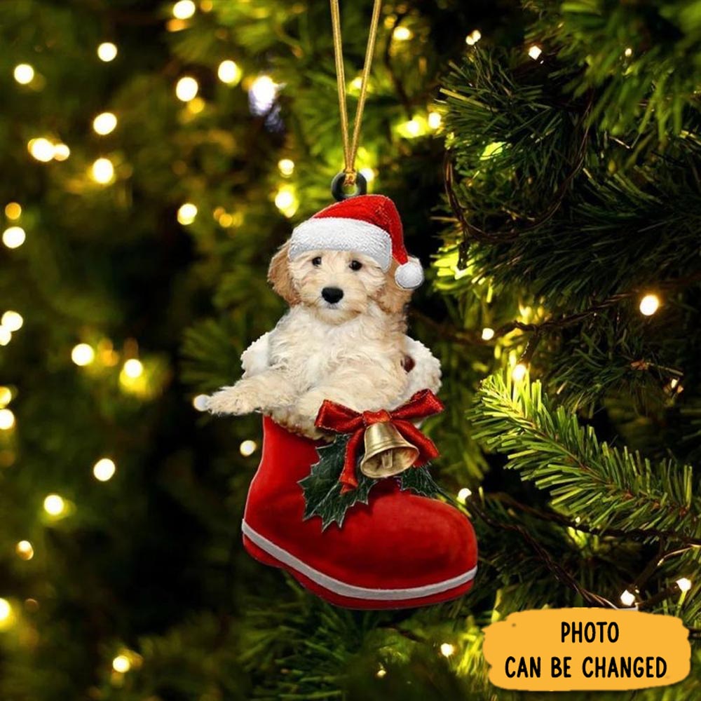 Personalized Goldendoodle Apricot In Santa Boot Christmas Hanging Ornament Beautiful Holiday Ornament Keepsake