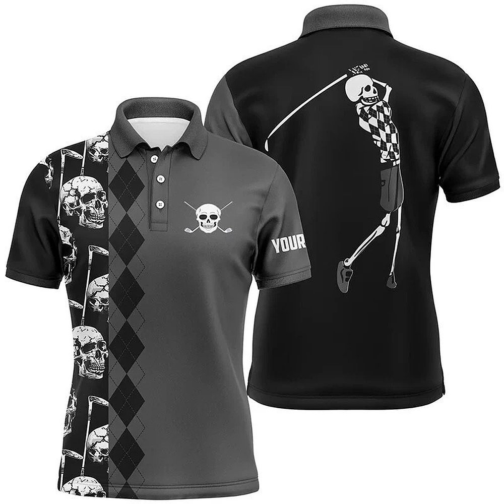 Personalized Golf Polo Shirt Black Skull Shirt Gifts For Golf Lovers