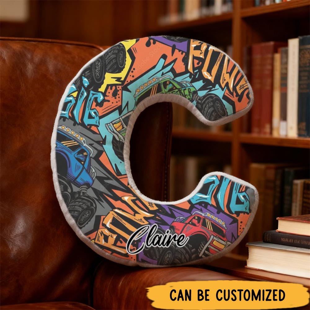 Personalized Graffiti Monster Truck Initial Pillow with Custom Name Gift for Truck Enthusiasts