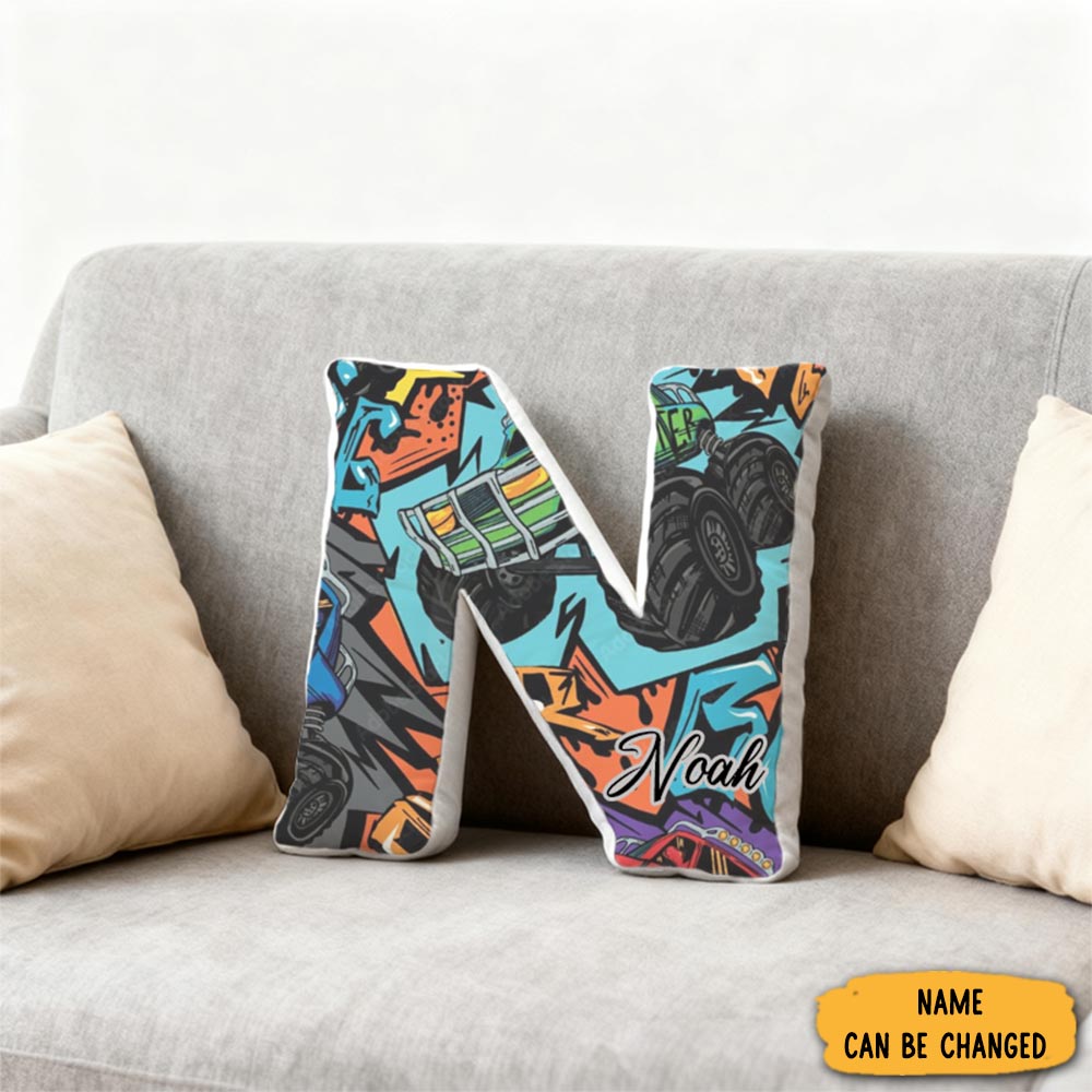 Personalized Graffiti Monster Truck Initial Pillow With Custom Name Gift For Truck Enthusiasts