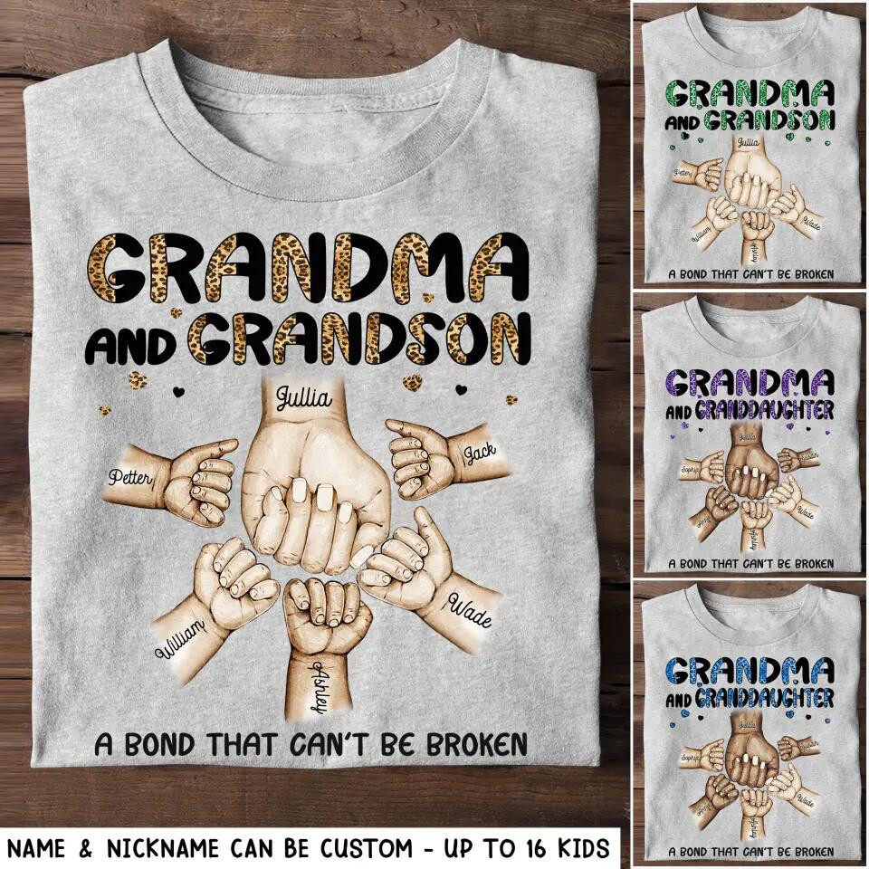 Personalized Grandma And Granddaughter Or Grandson A Bond Can'T Be Broken Kid Name Hand T-Shirt Mother's Day Shirt Birthday Presents For Mom Ideas