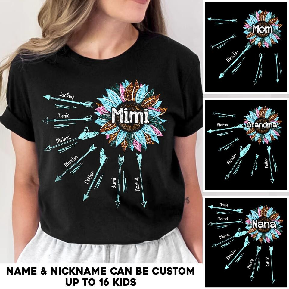 Personalized Grandma And Kid's Name Arrow Sunflower Colorful T-Shirt Mother's Day Shirts Special Birthday Gifts For Mom