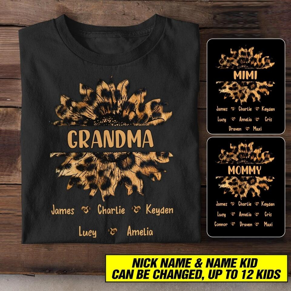 Personalized Grandma Auntie Kid Name Sunflower Leopard T-Shirt Mother's Day Shirt Good Gifts For Mom