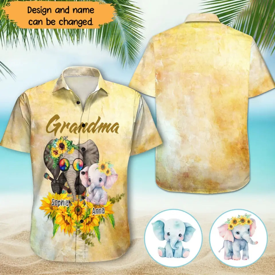 Personalized Grandma Elephant with Kid Names Hawaiian Shirt Mother Daughter Gifts