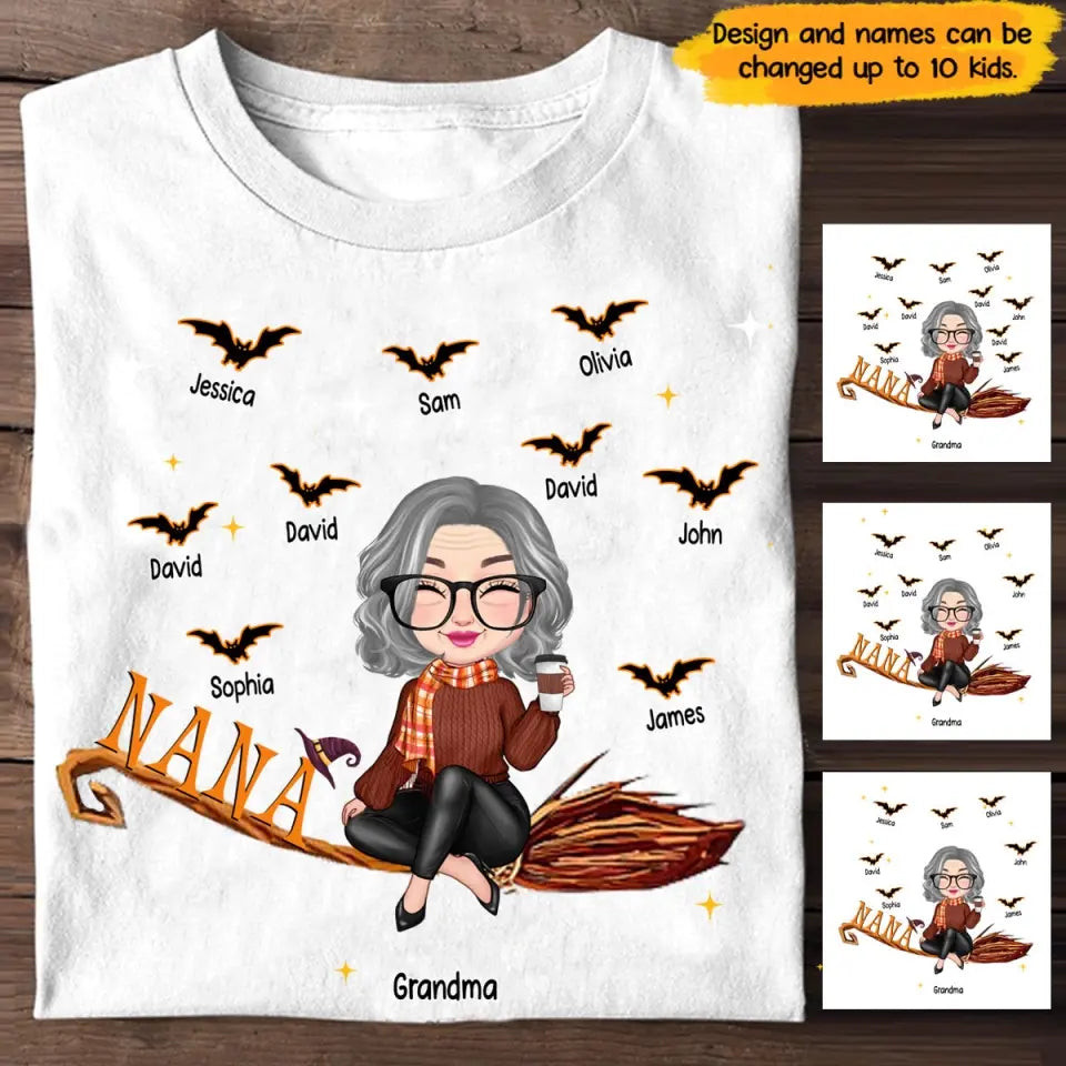 Personalized Grandma Flying Broom Kid Name Halloween Gift T-Shirt Mother's Day Shirt Gifts For Your Girlfriend