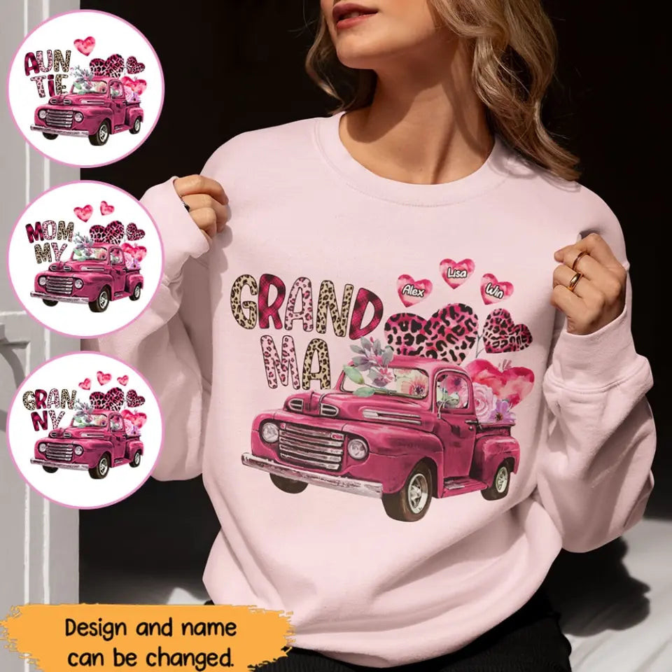 Personalized Grandma Heart Pink Car And Kid's Name Valentine's Day Gift Sweatshirt Or Hoodie Mothers Day Gift For Friends