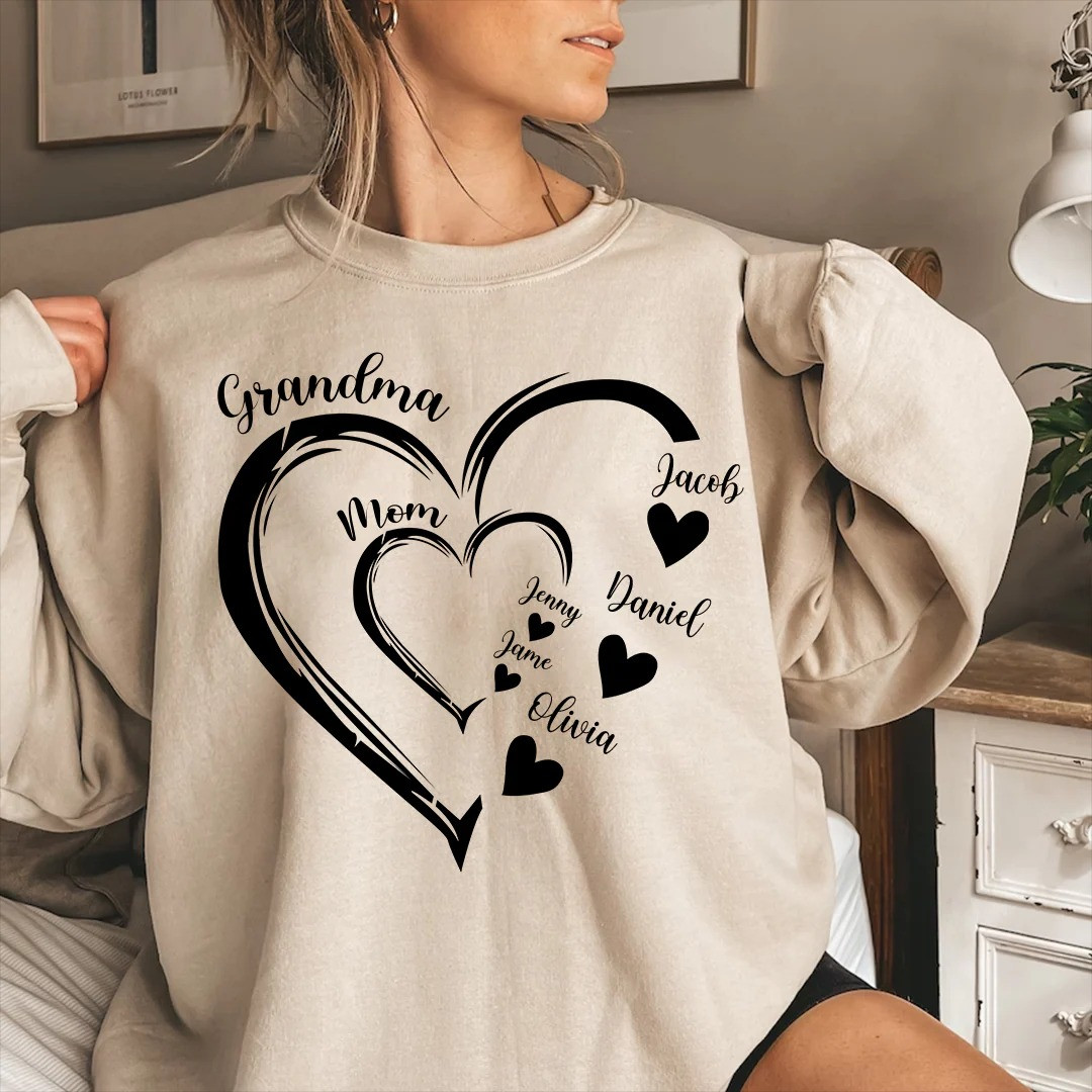 Personalized Grandma Heart Sweatshirt Family Names Crewneck Gift for Mom