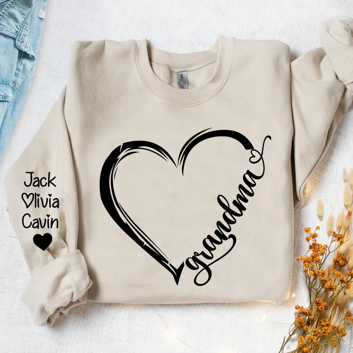 Personalized Grandma Heart Sweatshirt Grandkids Names Crewneck Gift for Mom