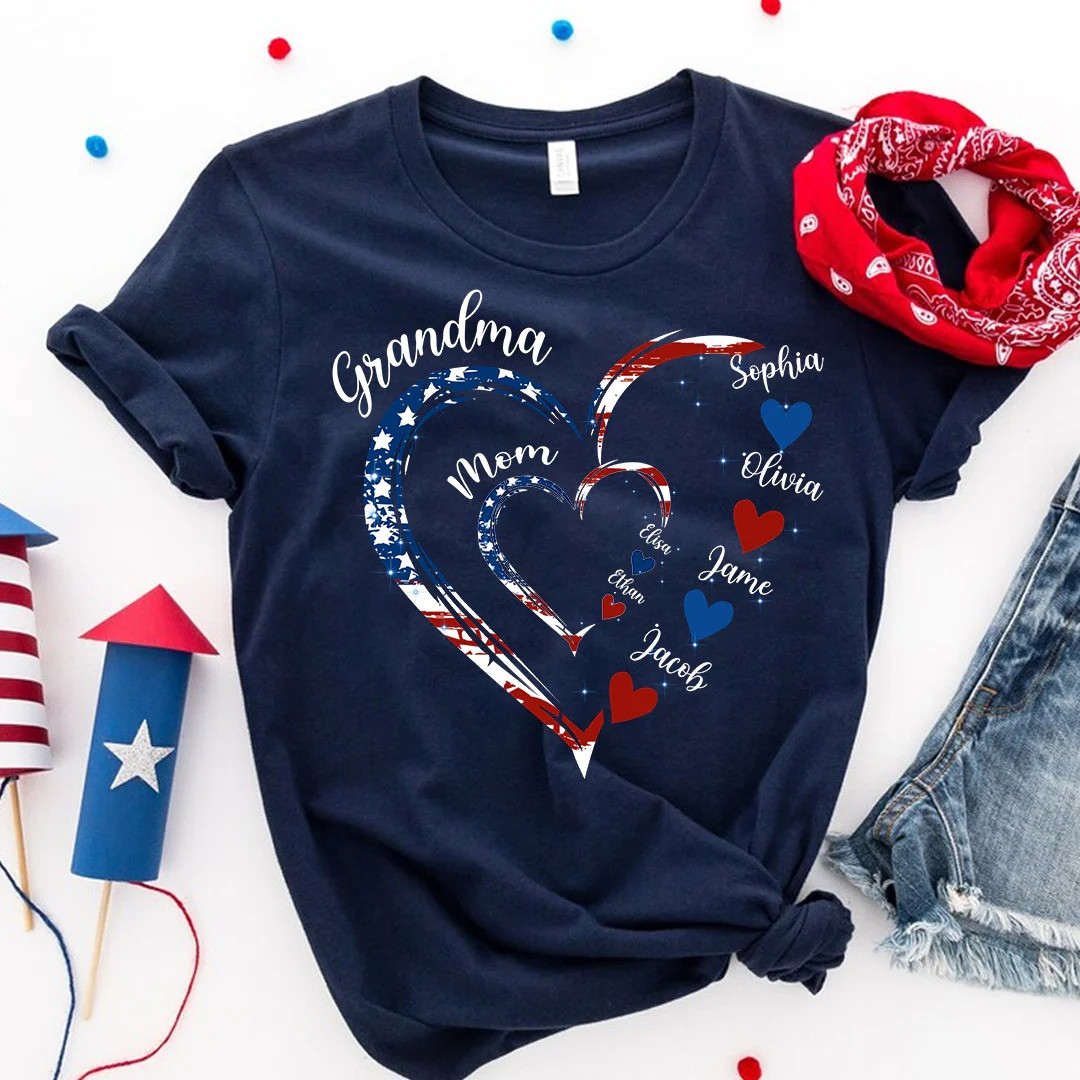 Personalized Grandma Heart T-shirt Butterfly Family Names Gift for Mom