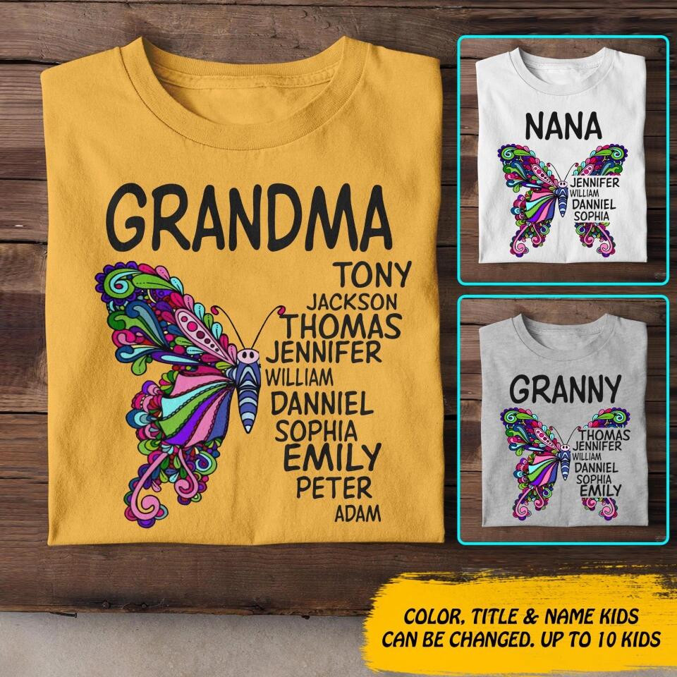 Personalized Grandma Kid Butterfly T-Shirt Mother's Day Shirt Presents For Mom