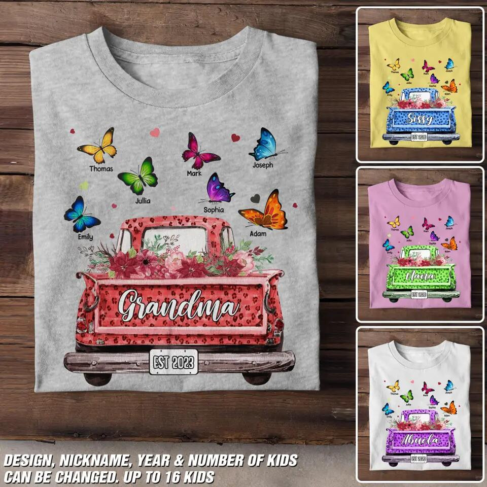 Personalized Grandma Kid Name Butterfly Truck T-Shirt Mother's Day Shirt Great Mother's Day Gifts For Mom