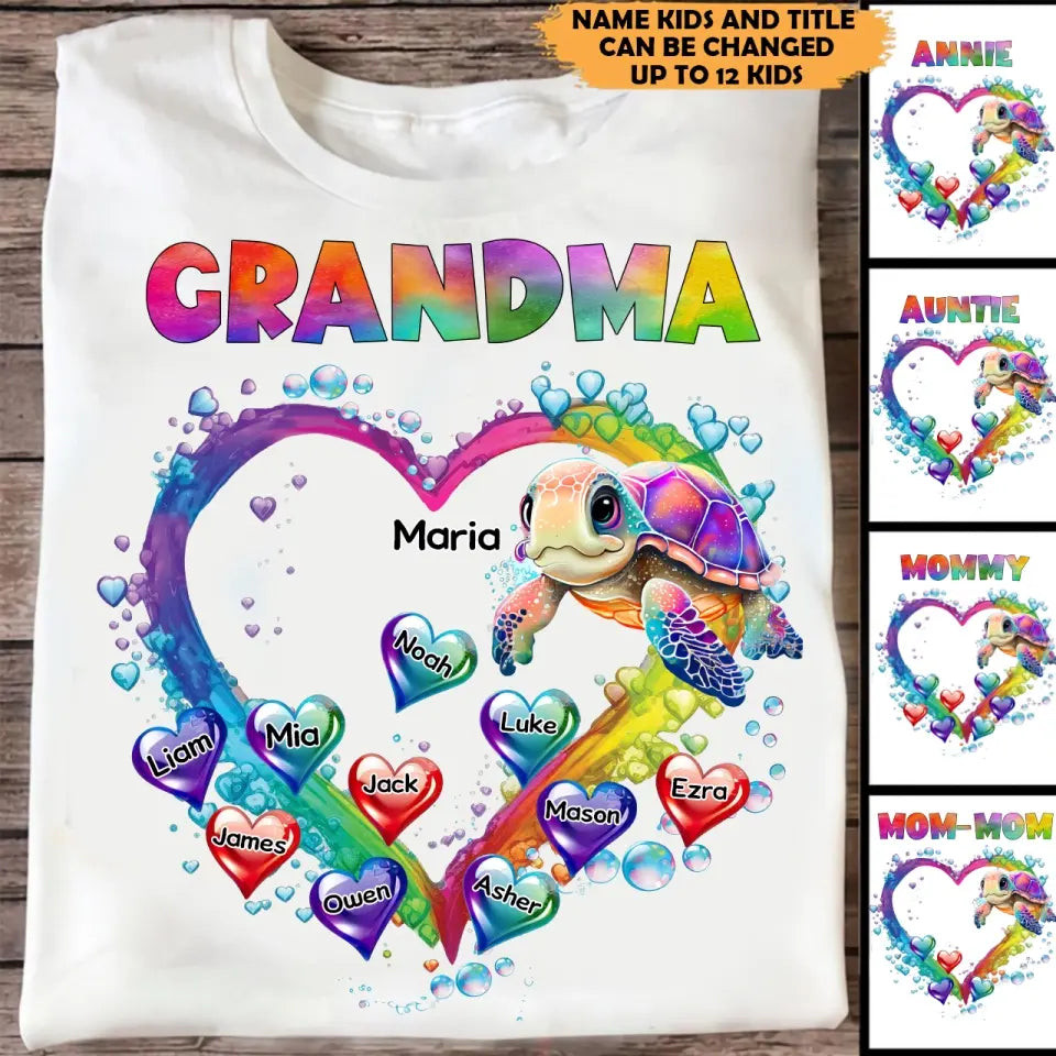 Personalized Grandma Nana Mom Auntie Chibi Turtles Floating Heart Water Colorful Art T-Shirt Mother's Day Shirt Mother'sday Gifts From Daughter