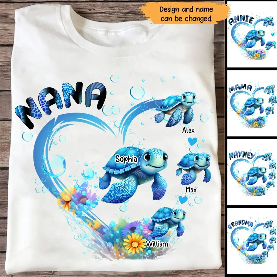 Personalized Grandma Nana Mom Auntie Chibi Turtles Heart T-Shirt Mother's Day Shirt Mother Daughter Gifts