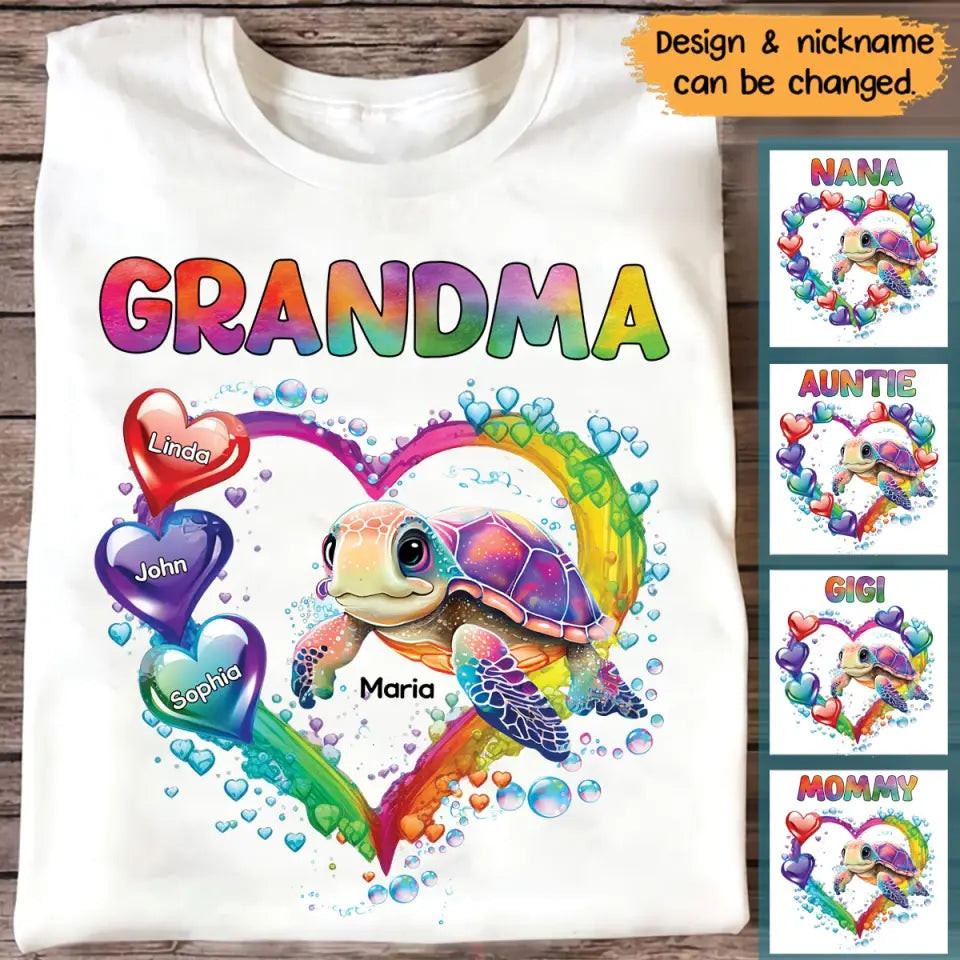Personalized Grandma Nana Mom Auntie Chibi Turtles Heart Water Colorful Art T-Shirt Mother's Day Shirt Mothers Day Present Ideas