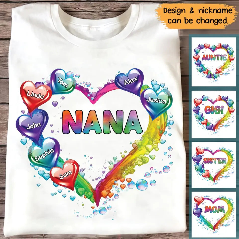 Personalized Grandma Nana Mom Auntie Heart Water Colorful Art T-Shirt Mother's Day Shirt Mothers Day Gift Ideas Last Minute