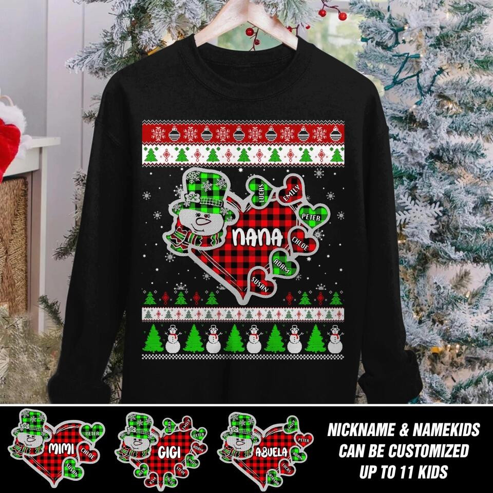 Personalized Grandma Nana Snow Kid Name Heart Christmas Crew Neck Sweatshirt Mothers Day Gift For Friends