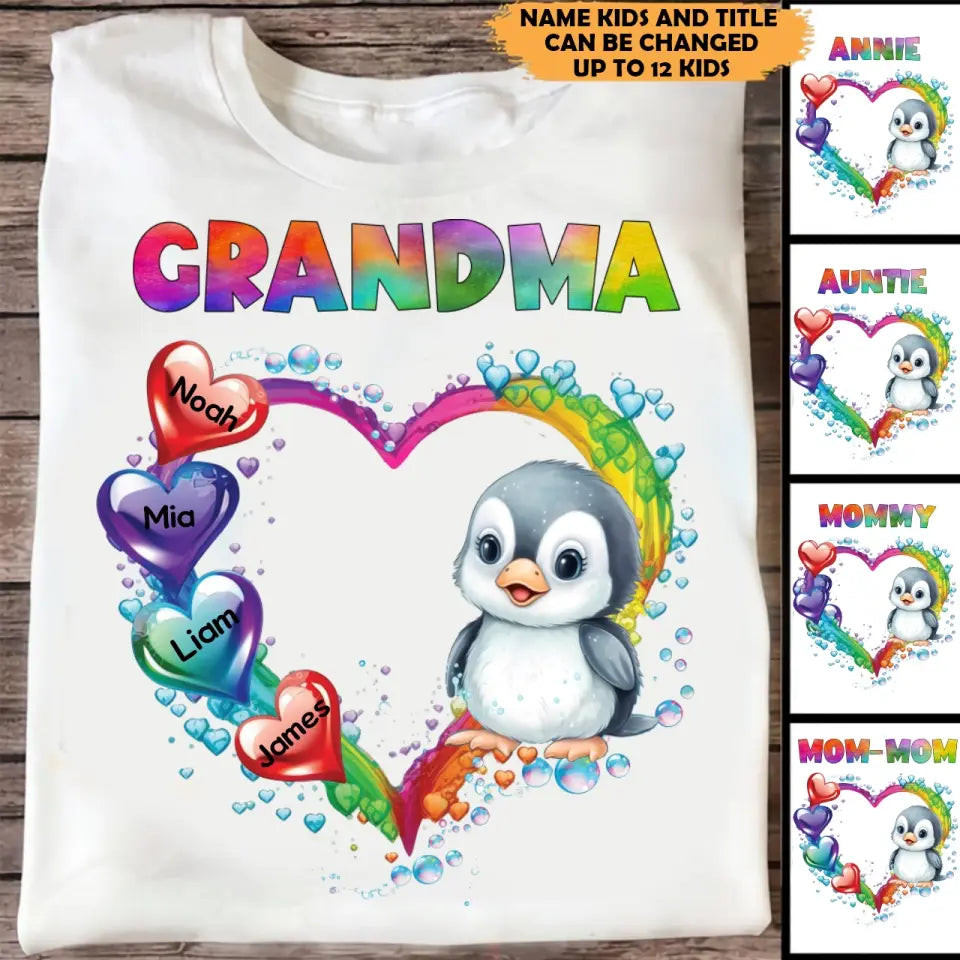 Personalized Grandma Penguin Hearts With Kid Names T-Shirt Mother's Day Shirt First Mothers Day Gift Ideas