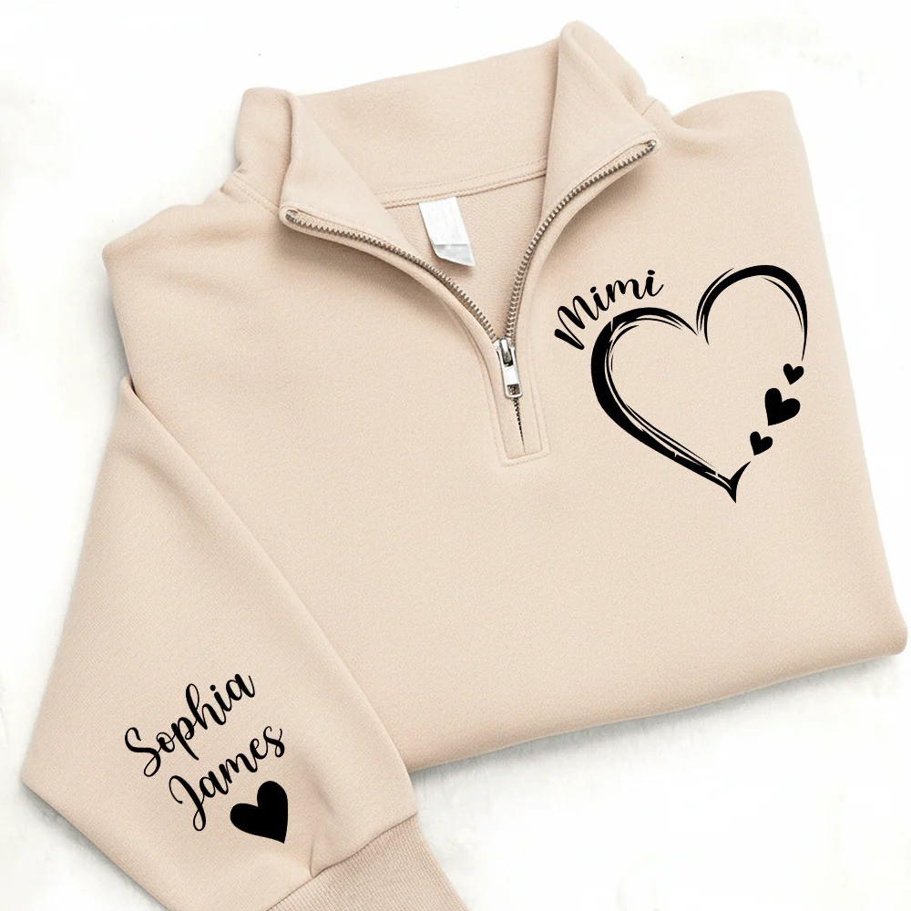 Personalized Grandma Quarter Zip Sweatshirt Family Heart Pullover Gift for Mom