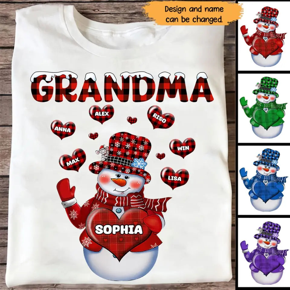 Personalized Grandma Snowman Hearts And Kid Names Christmas Gift T-Shirt Mother's Day Shirt Presents For Mum