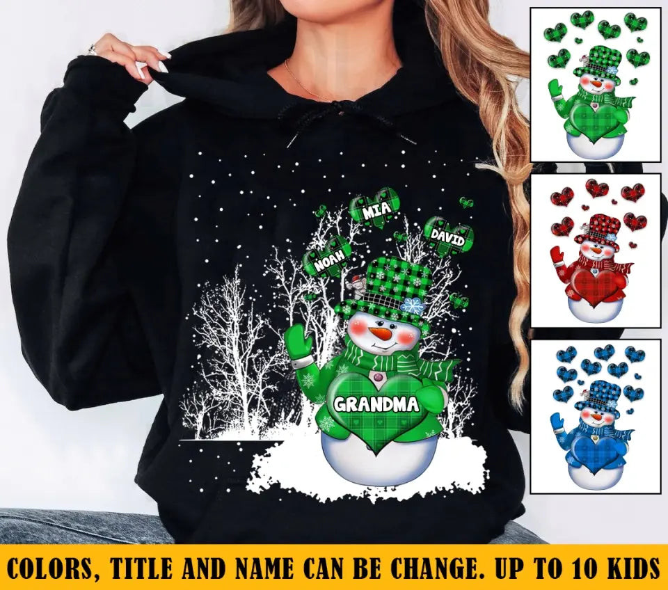 Personalized Grandma Snowman Hearts With Kid Names Xmas Gift Hoodie Or Sweatshirt Mothers Day Gift Ideas Last Minute
