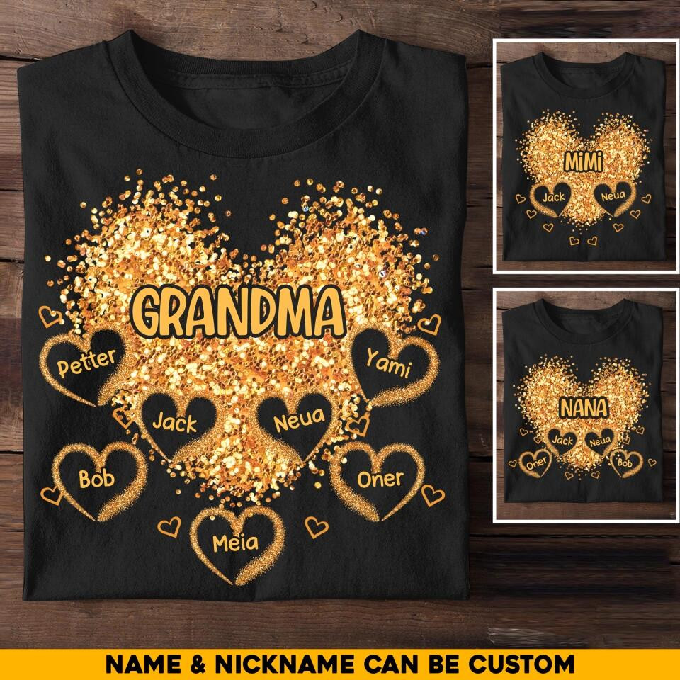 Personalized Grandma Sweetheart Golden Glam Glitters And Kid Name Heart T-Shirt Mother's Day Shirt Mother's Day Gifts For Daughter