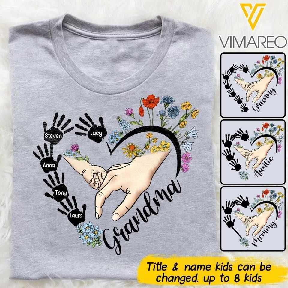 Personalized Grandma With Kid Name Heart Flower T-Shirt Mother's Day Shirt First Time Mom Gifts