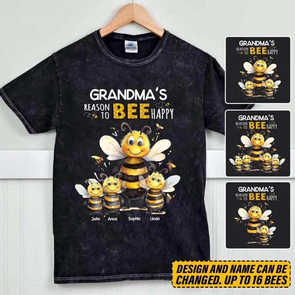 Personalized Grandma'S Reason To Bee Happy Bees With Kid Names Mineral Wash T-Shirt Mother'S Day Shirt Good Gifts For Mom