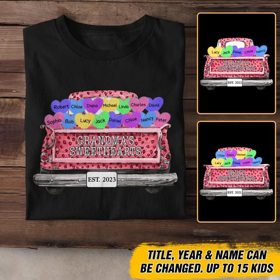 Personalized Grandma's Sweetheart Kid Name Pink Leopard Truck Heart T-Shirt Mother's Day Shirt Good Mother's Day Gifts For Mom