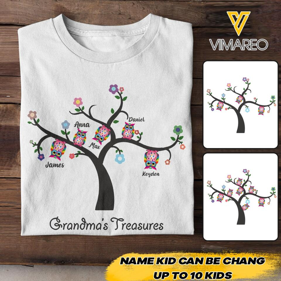 Personalized Grandma's Treasures Kid Name Owl T-Shirt Mother's Day Shirt Best Mothers Day Gifts