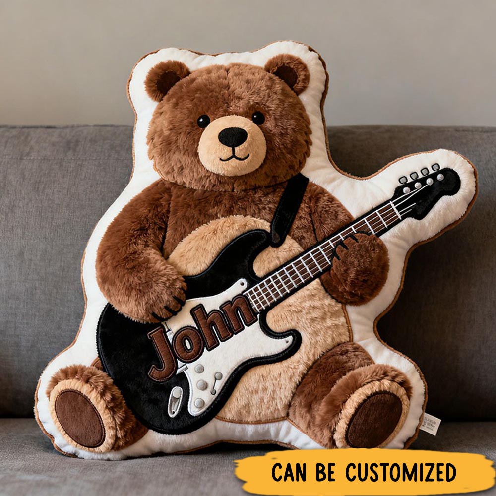 Personalized Graphic 3D Print Brown Bear & Electric Guitar Pillow With Your Own Name Soft Stuffed Toy for Kids Unique Decorative Cushion for Boys' Room and Playroom