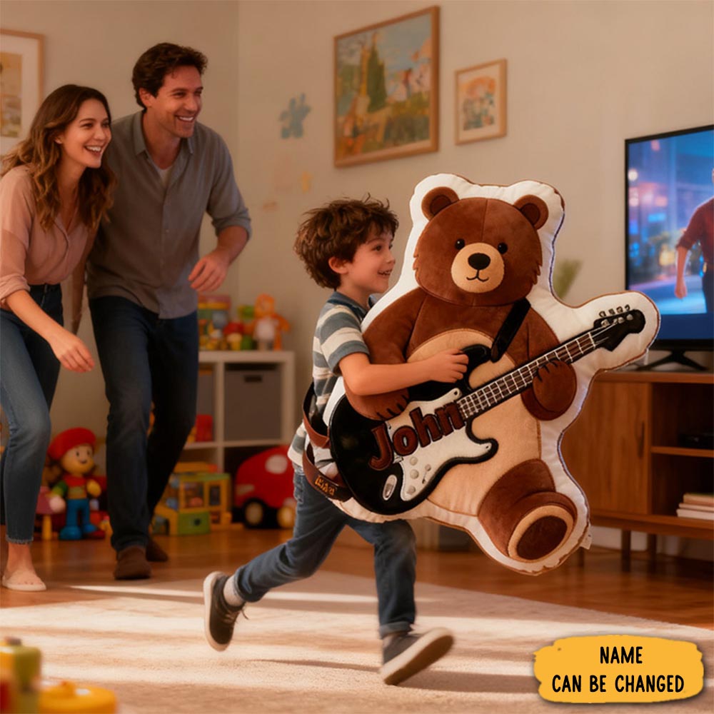 Personalized Graphic 3d Print Brown Bear Electric Guitar Pillow With Your Own Name Soft Stuffed Toy For Kids Unique Decorative Cushion For Boys Room And Playroom