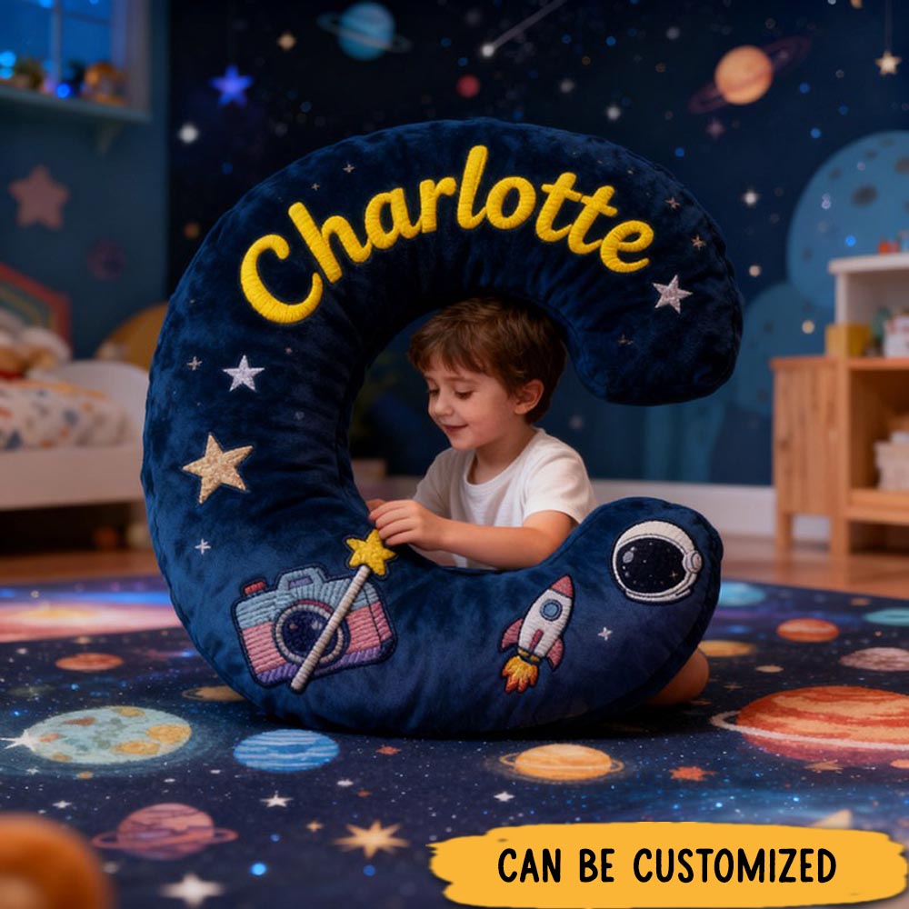 Personalized Graphic 3D Print Camera Planet Letter Pillow with Your Own Name and Initials Soft Stuffed Toy for Kids Unique Decorative Cushion for Boys' Room