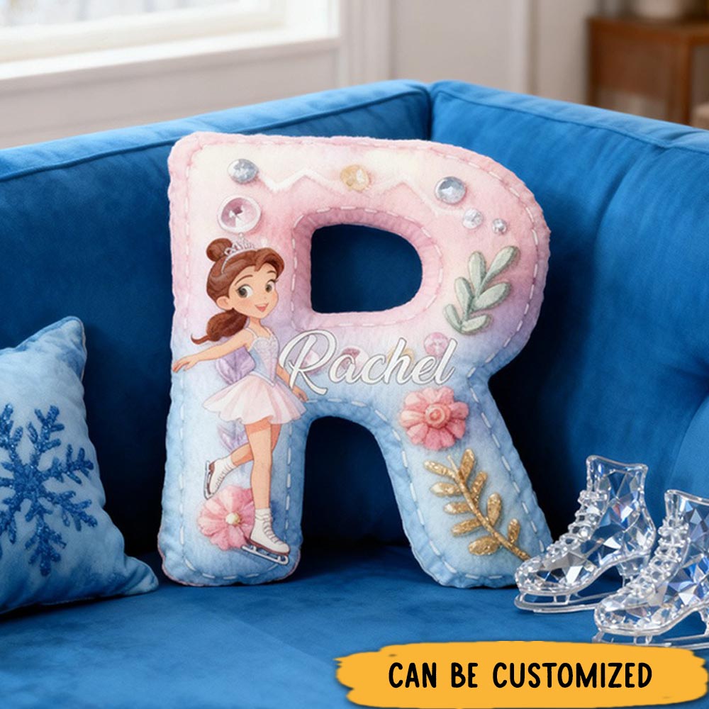 Personalized Graphic 3D Print Cartoon Ice Skating Girl Alphabet Shaped Pillow for Ice Skate Lovers Initial Pillow Christmas Gift for Kids