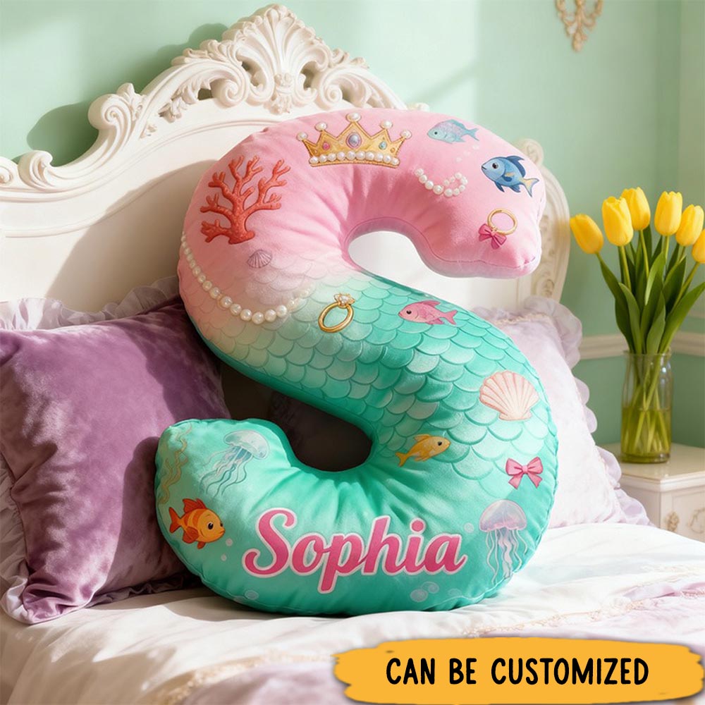 Personalized Graphic 3D Print Cartoon Ocean And Love Tale Alphabet Shaped Pillow for Cartoon Lovers Initial Pillow Christmas Gift for Kids
