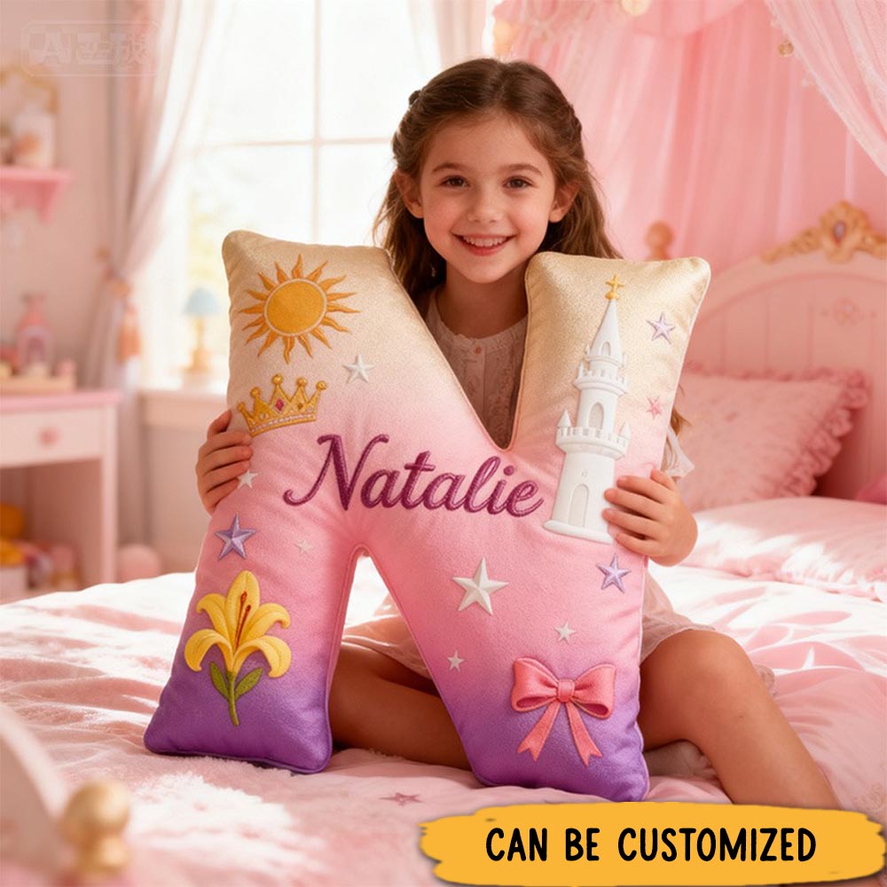Personalized Graphic 3D Print Cartoon Tower And Love Tale Alphabet Shaped Pillow for Cartoon Lovers Initial Pillow Christmas Gift for Kids