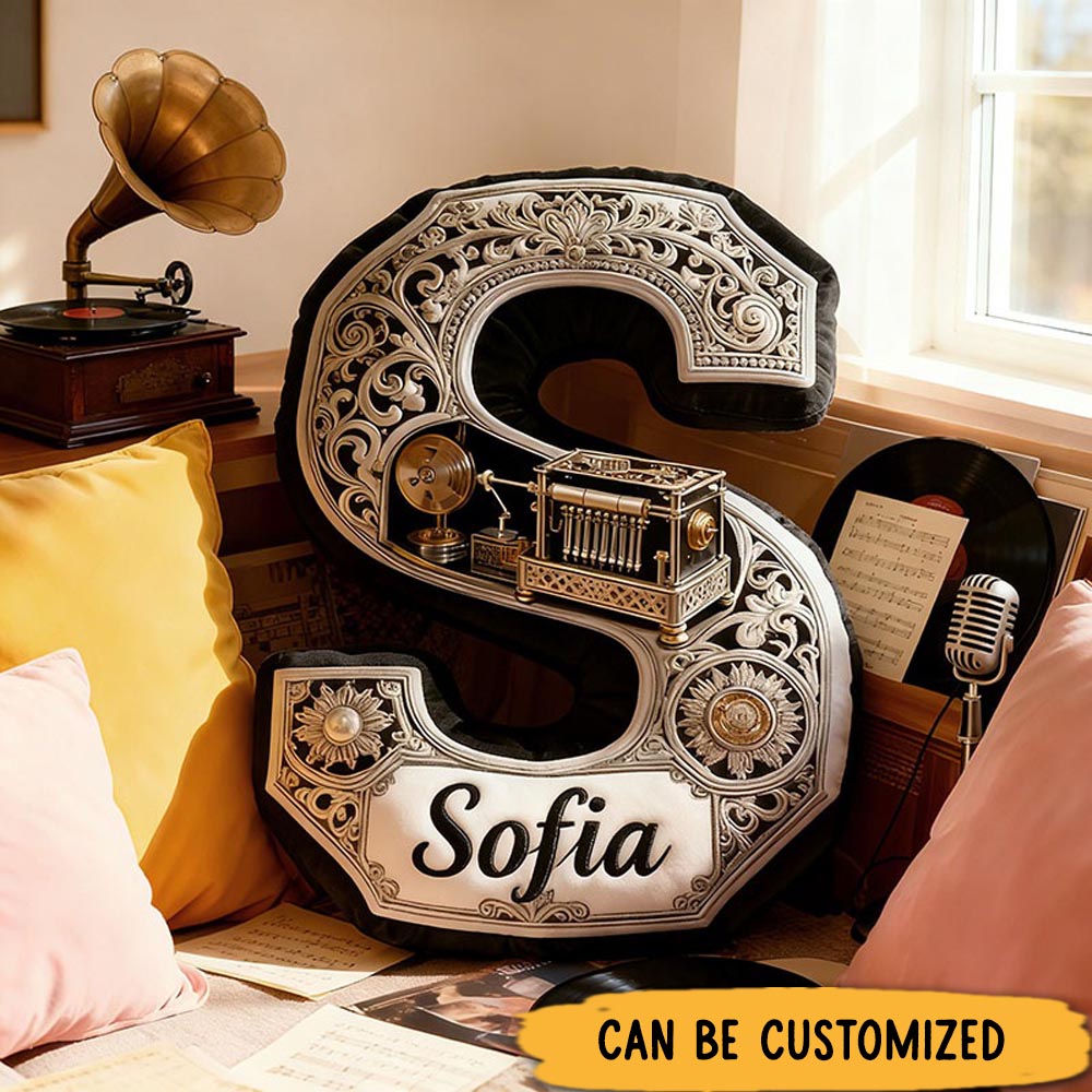 Personalized Graphic 3D Print Classic Music Box Pillow with 26 Alphabet Letters and Your Own Name Soft Stuffed Toy for Kids Music Lovers Unique Decorative Cushion for Room