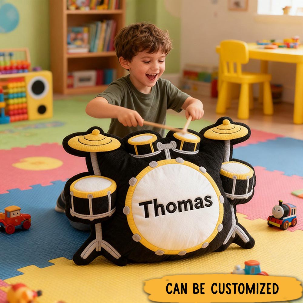 Personalized Graphic 3D Print Drum Set Pillow With Your Own Name Soft Stuffed Toy for Kids Unique Decorative Cushion for Boys' Room and Music Room