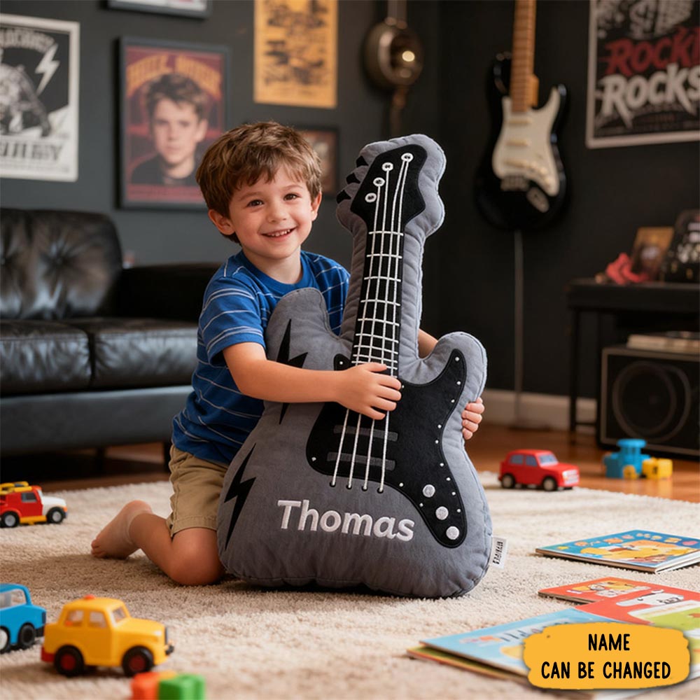 Personalized Graphic 3d Print Electric Guitar Pillow With Your Own Name Soft Stuffed Toy For Rock Music Lovers Unique Decorative Cushion For Boys Room And Music Room