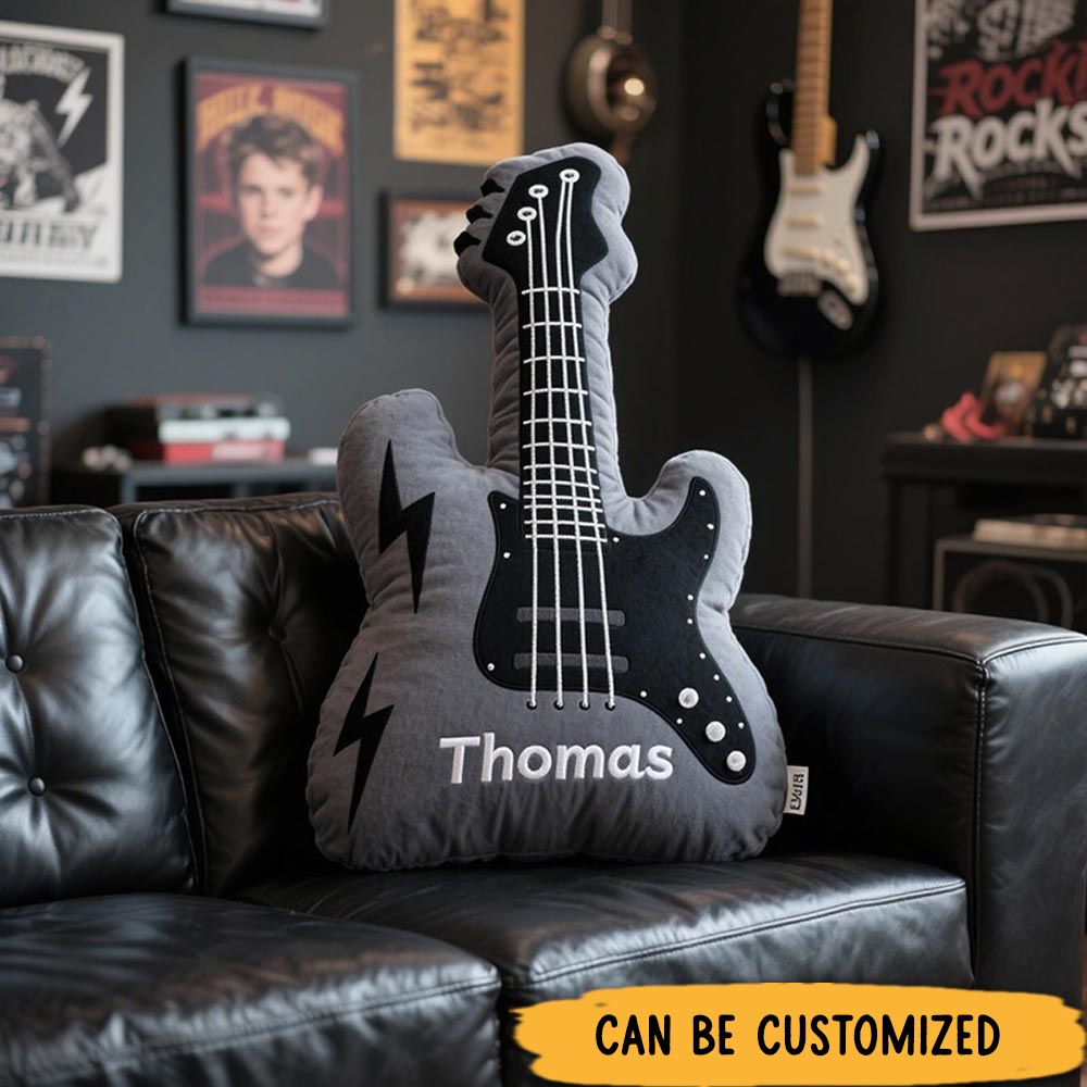 Personalized Graphic 3D Print Electric Guitar Pillow With Your Own Name Soft Stuffed Toy for Rock Music Lovers Unique Decorative Cushion for Boys' Room and Music Room