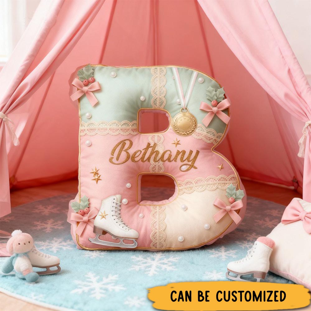 Personalized Graphic 3D Print Elegant Ice Skating Alphabet Shaped Pillow for Ice Skate Lovers Initial Pillow Christmas Gift for Kids