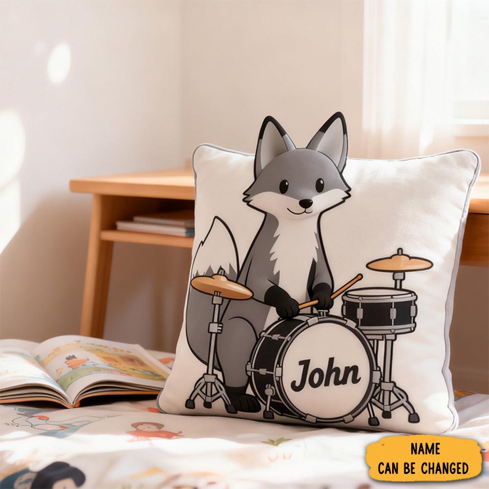 Personalized Graphic 3d Print Gray Fox Mini Drum Set Pillow With Your Own Name Soft Stuffed Toy For Kids Unique Decorative Cushion For Boys Room And Playroom