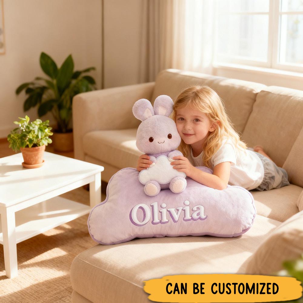 Personalized Graphic 3D Print Light Purple Rabbit & Handbell Pillow With Your Own Name Soft Stuffed Toy for Kids Unique Decorative Cushion for Girls' Room