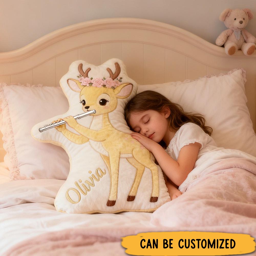 Personalized Graphic 3D Print Light Yellow Deer & Flute Pillow With Your Own Name Soft Stuffed Toy for Kids Unique Decorative Cushion for Girls' Room