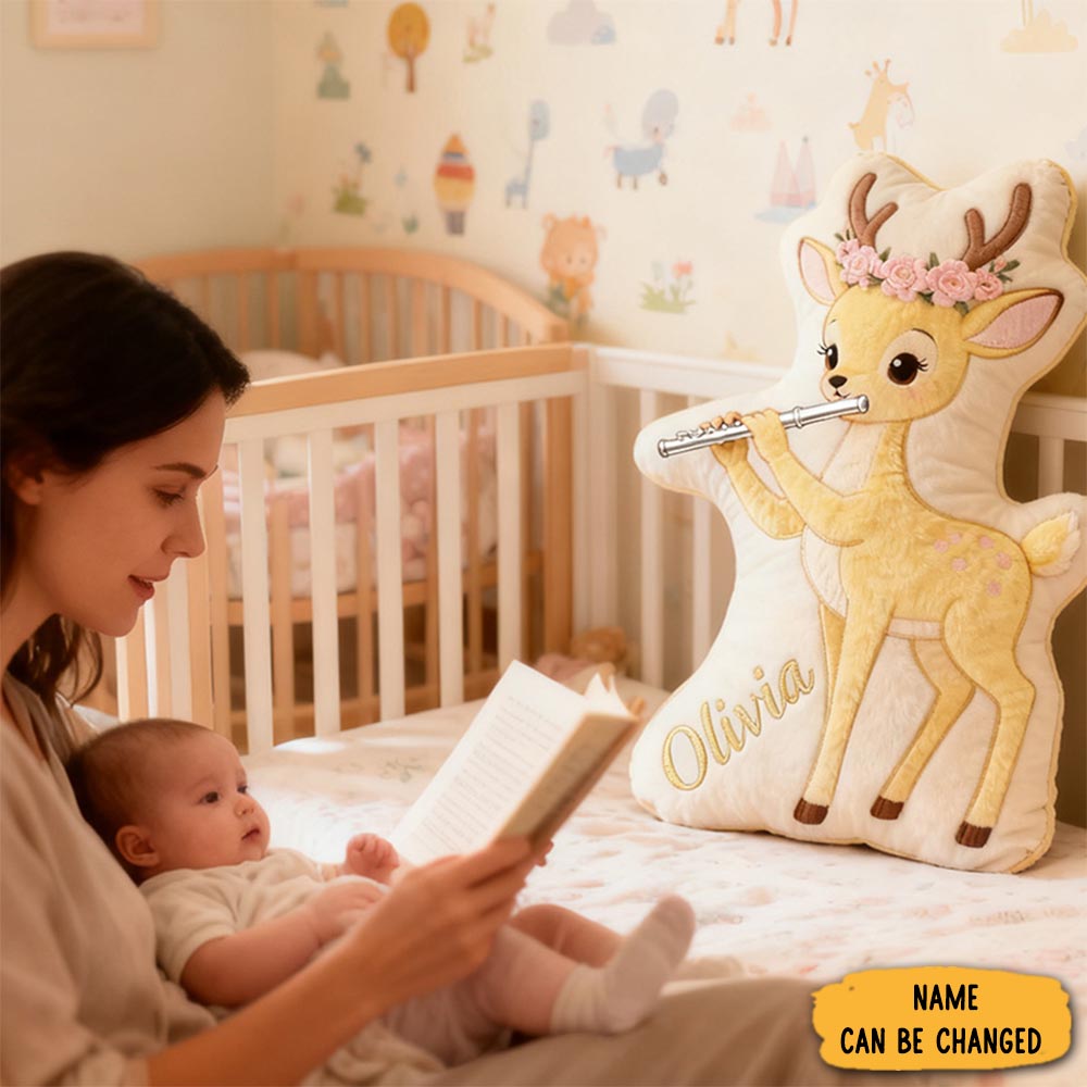 Personalized Graphic 3d Print Light Yellow Deer Flute Pillow With Your Own Name Soft Stuffed Toy For Kids Unique Decorative Cushion For Girls Room